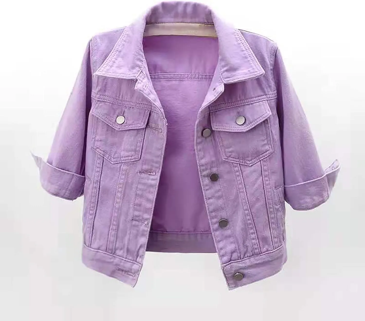 3/4 Sleeve Short Denim Jacket plus size jean jacket Basic Lapel Button Down Cropped Coat