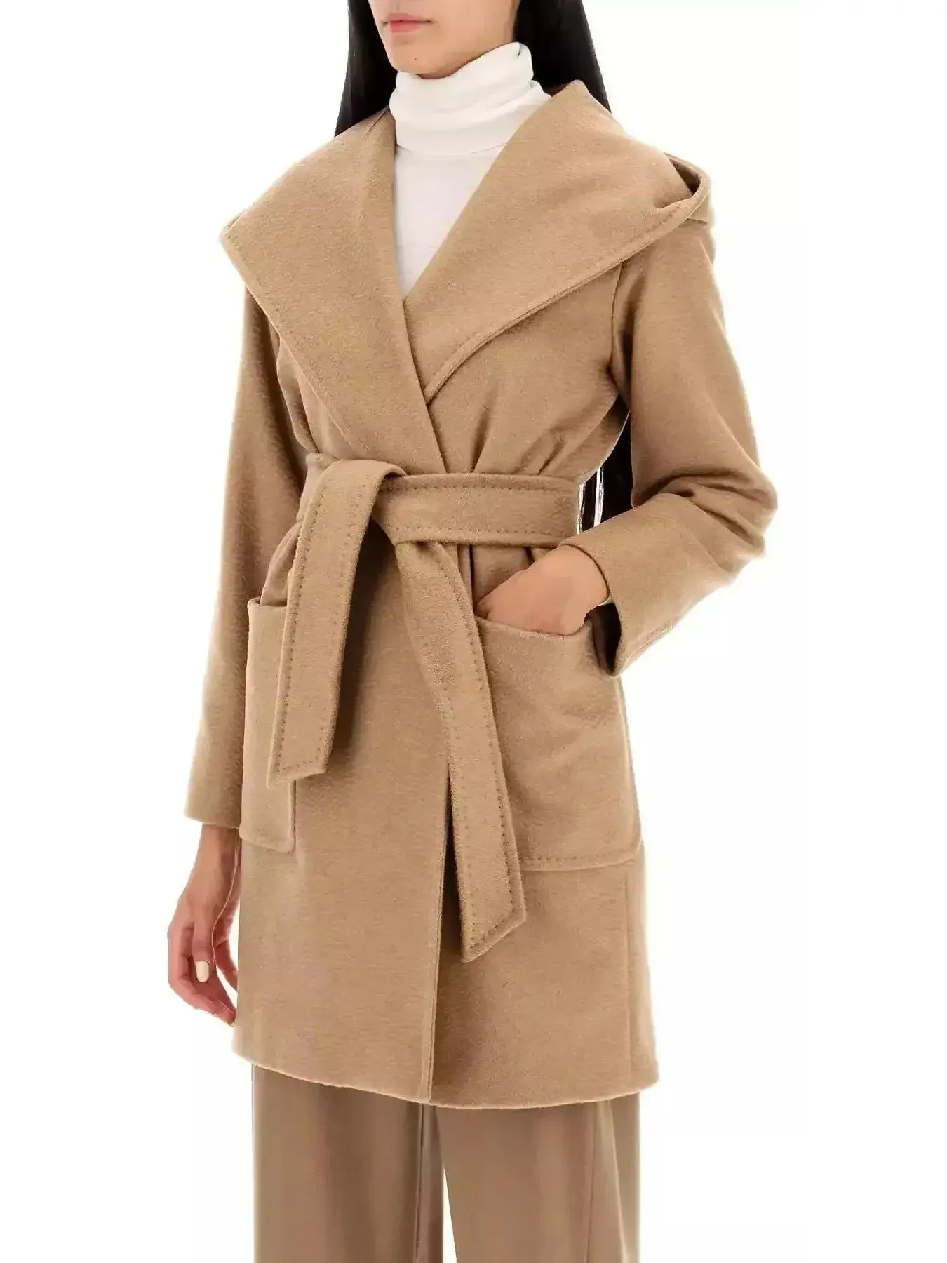 Belted Hooded Midi Coat in Camel