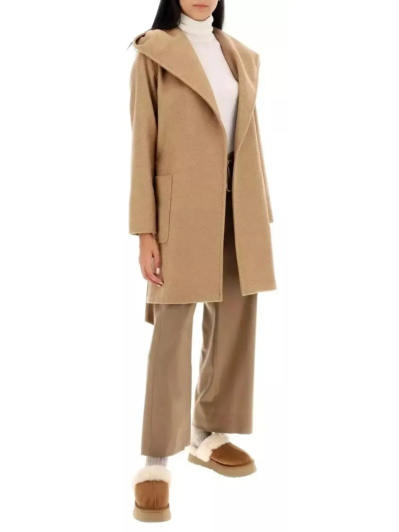 Belted Hooded Midi Coat in Camel