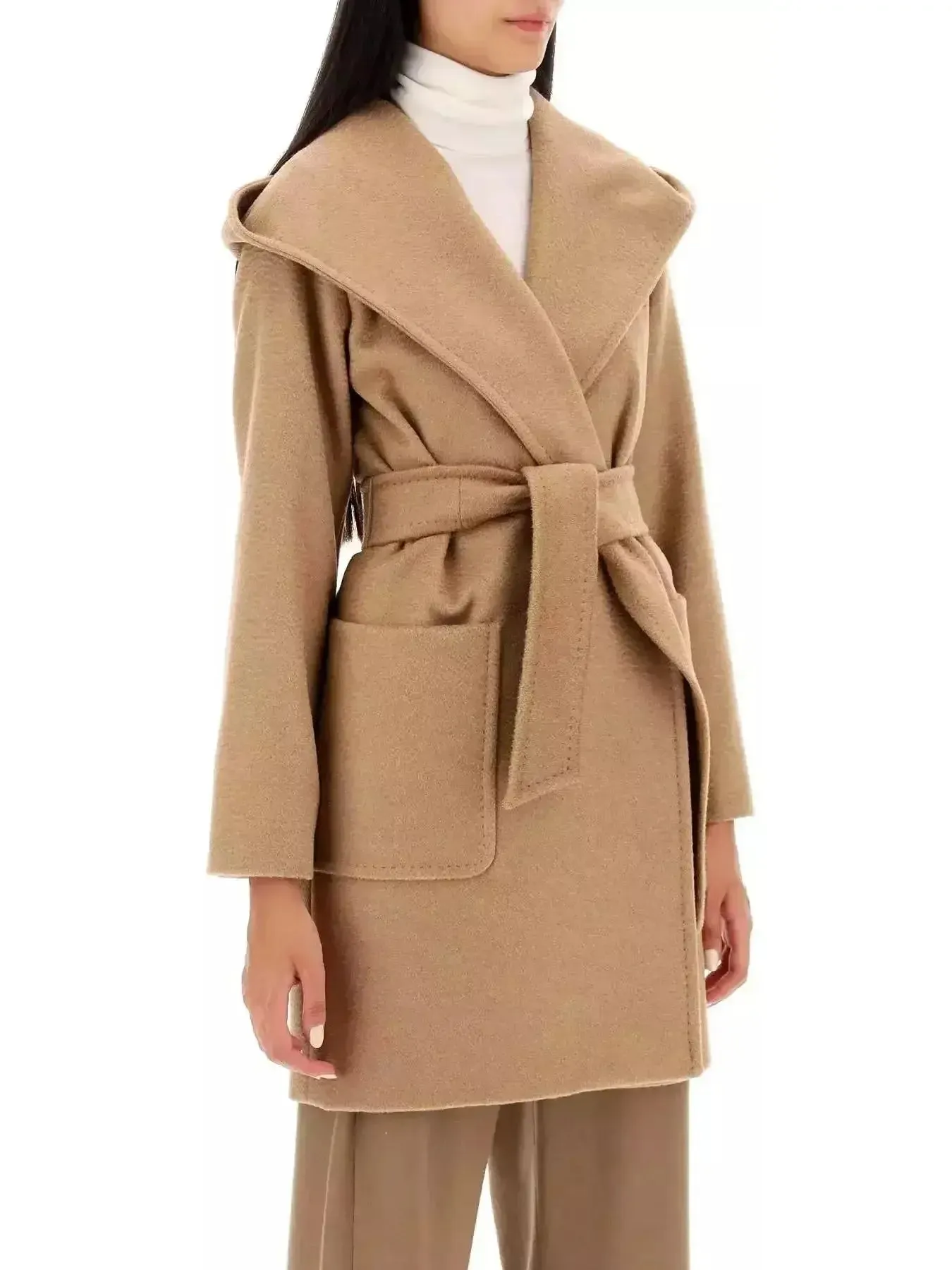 Belted Hooded Midi Coat in Camel