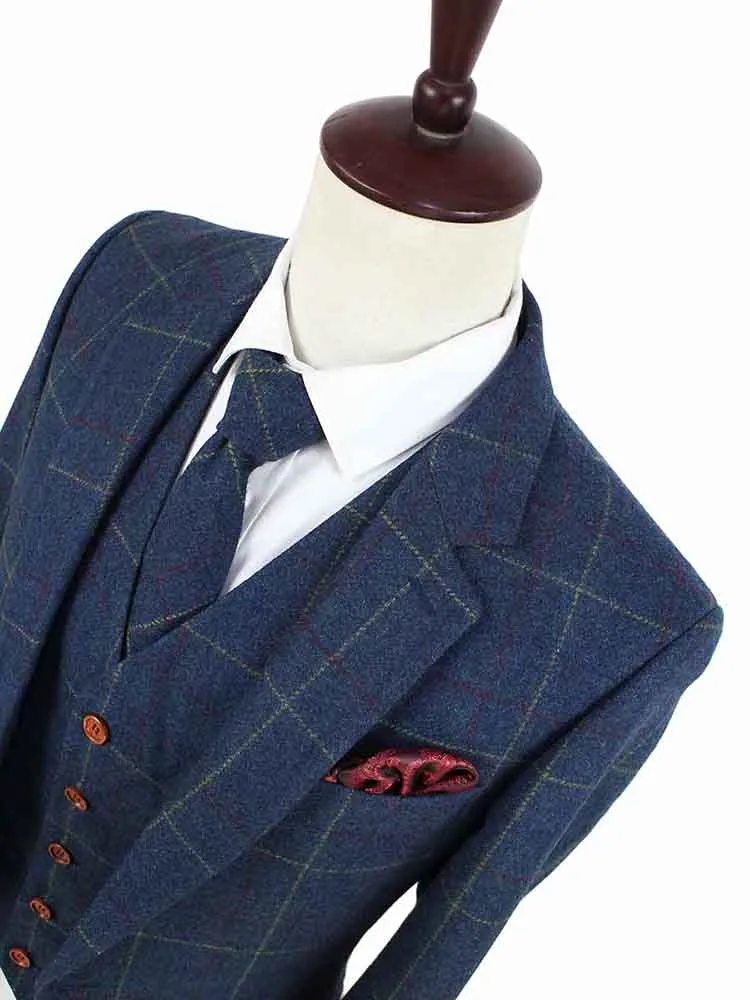 BLUE OVERCHECK PLAID TWEED 3 PIECE SUIT