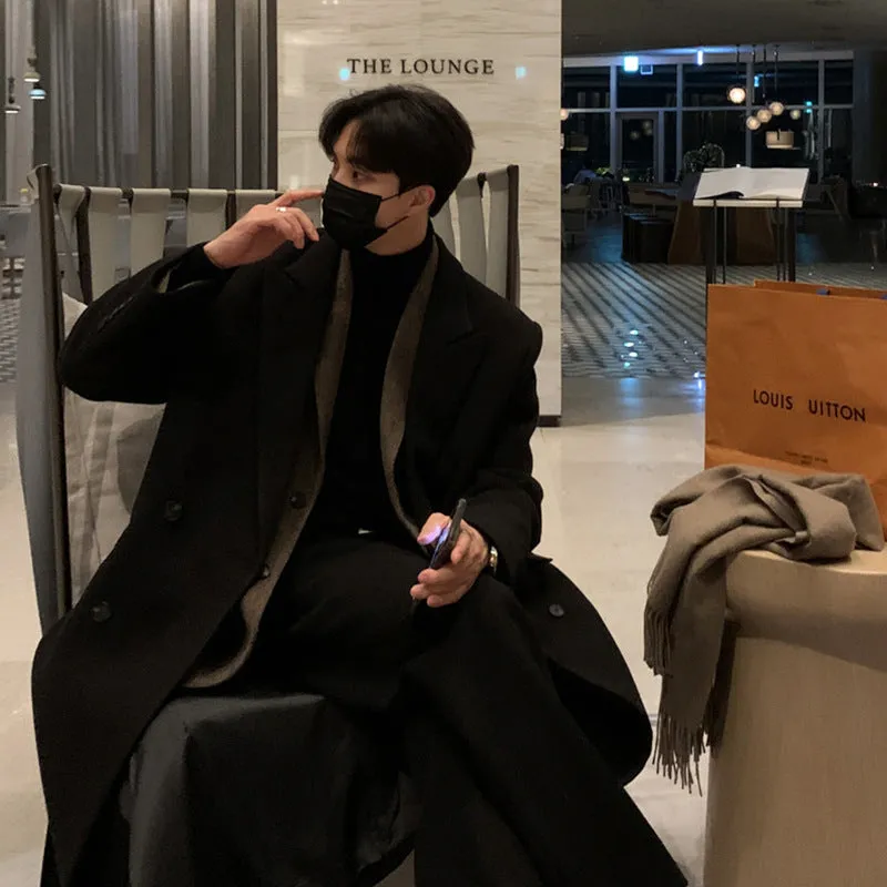 Bonsir skater boy outfits Double Breasted Coat Men's Black Thickened Woolen Coat Autumn and Winter New High-Grade Loose Long Warm