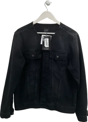 boohooMan Black Collarless Denim Jacket UK L