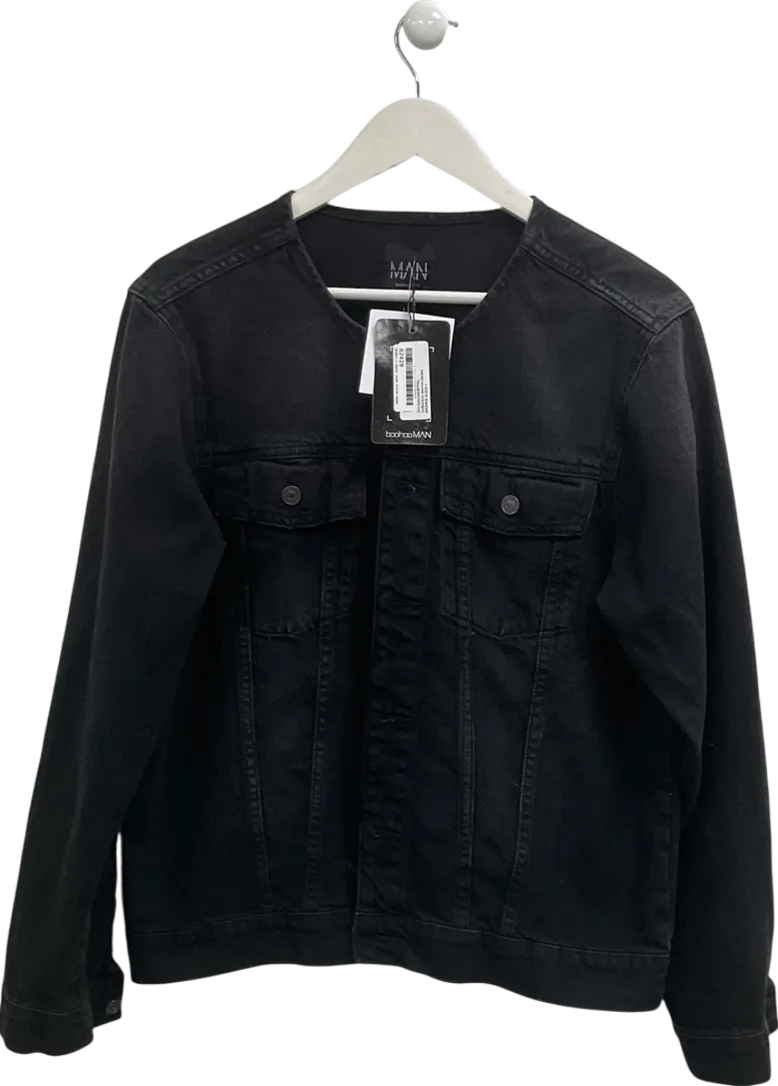 boohooMan Black Collarless Denim Jacket UK L