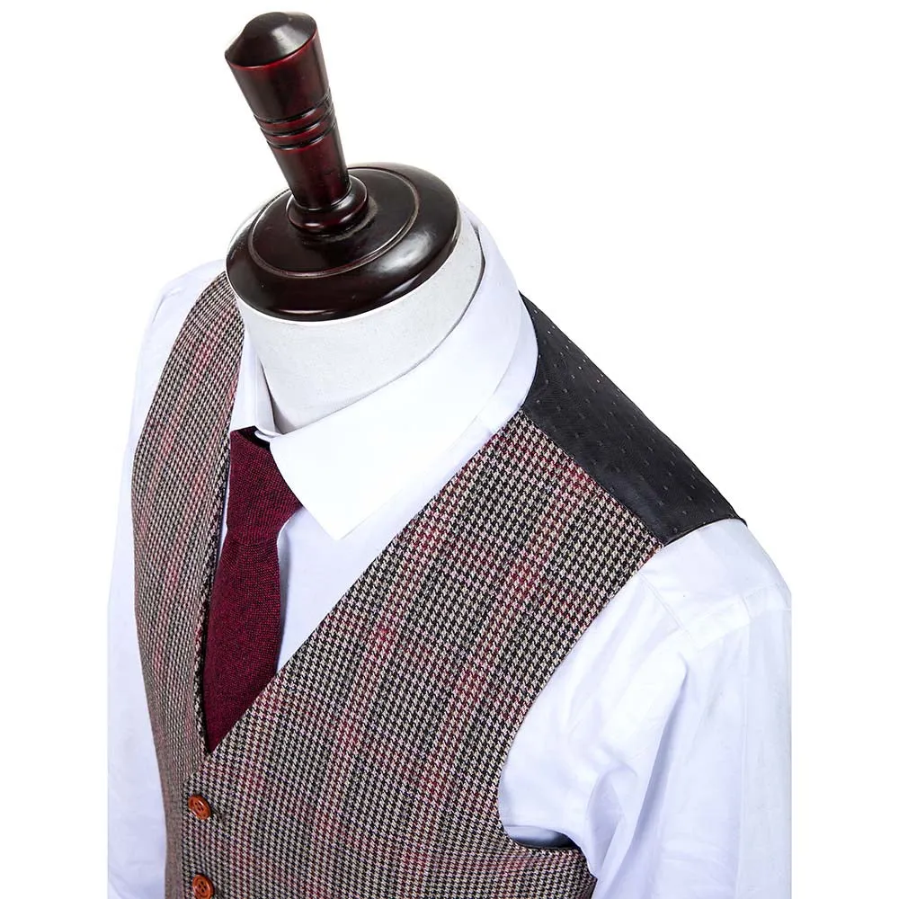 Brown Red Houndstooth Plaid Tweed 3 Piece Suit