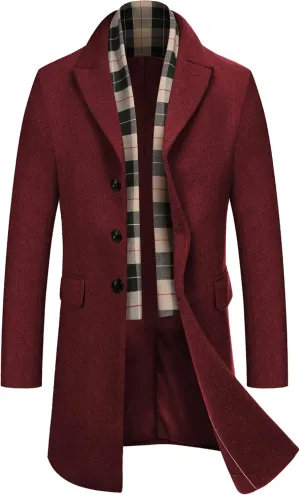 COOFANDY Men's Wool Blend Coat with Detachable Plaid Scarfs Notched Collar Single Breasted Pea Coat Trench Overcoat