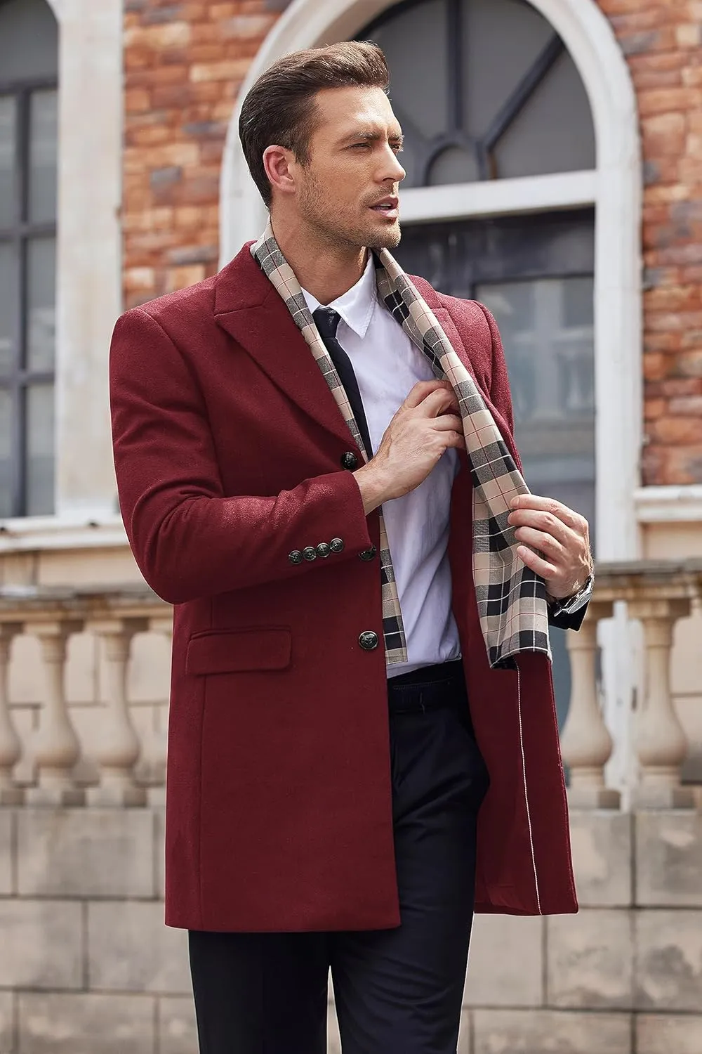 COOFANDY Men's Wool Blend Coat with Detachable Plaid Scarfs Notched Collar Single Breasted Pea Coat Trench Overcoat