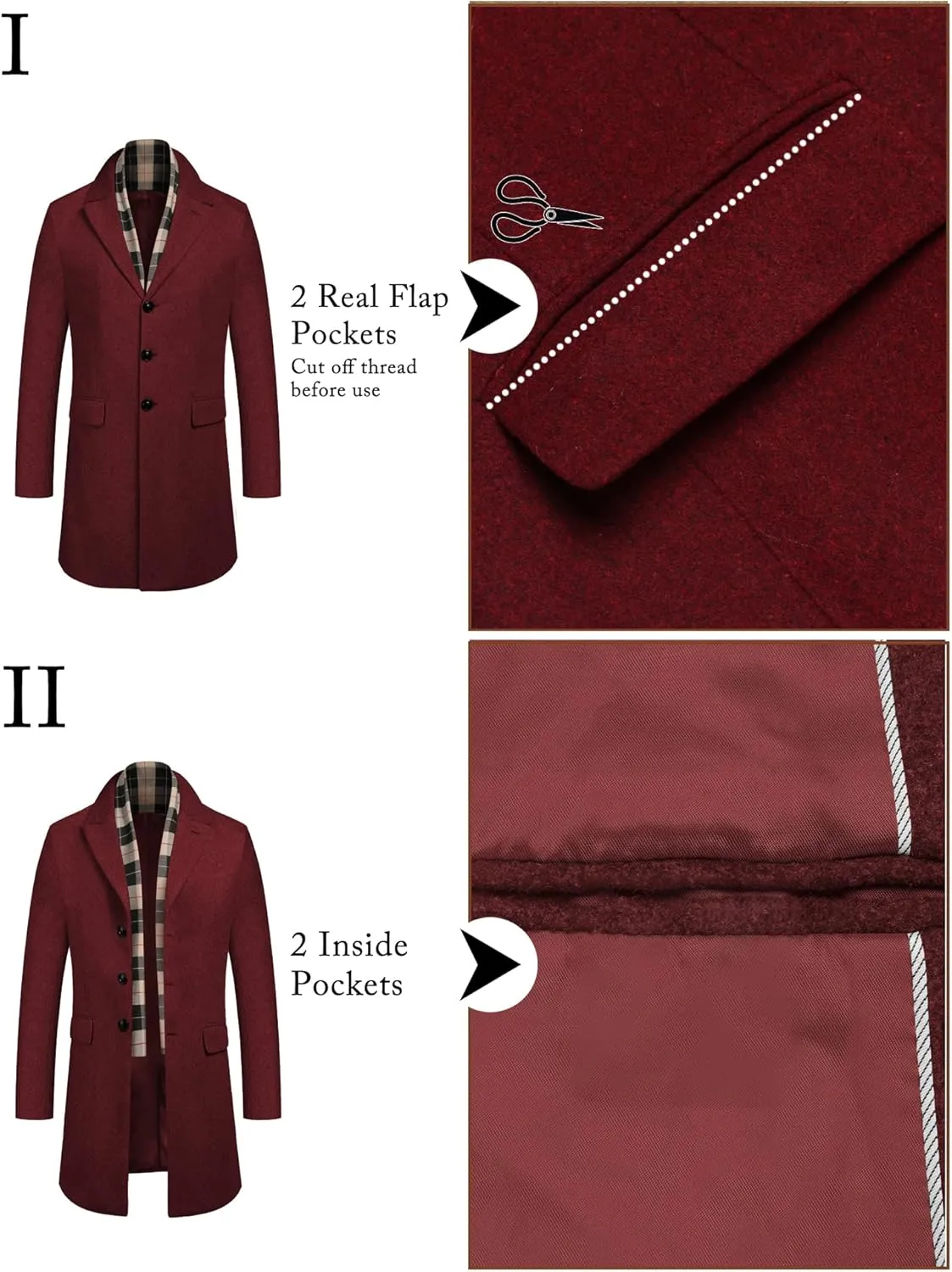 COOFANDY Men's Wool Blend Coat with Detachable Plaid Scarfs Notched Collar Single Breasted Pea Coat Trench Overcoat
