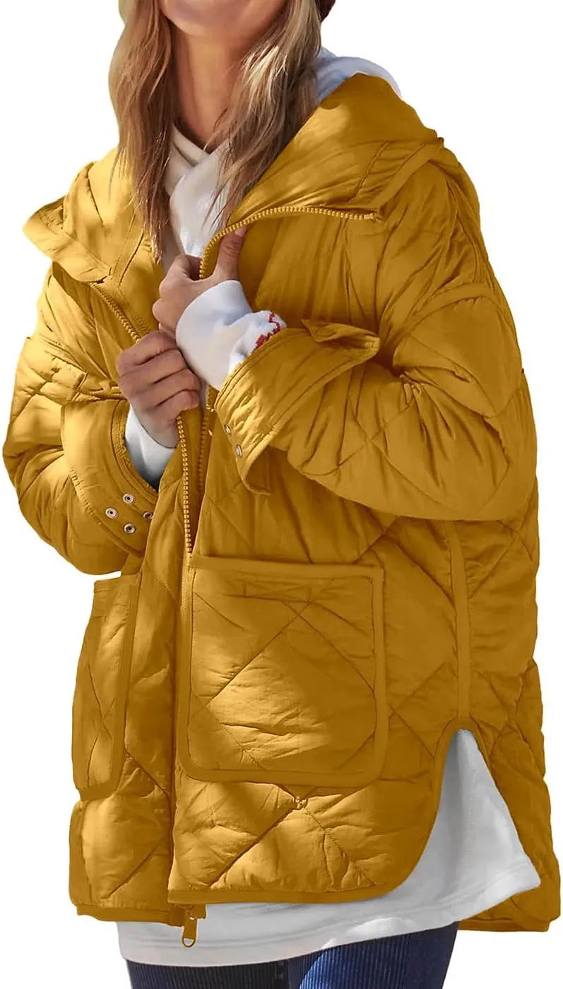 Dyexces Womens Quilted Puffer Jacket Hooded Long Sleeve Zip Up Winter Coat Lightweight Warm Jackets with Pockets