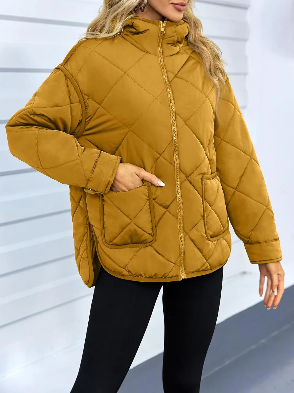 Dyexces Womens Quilted Puffer Jacket Hooded Long Sleeve Zip Up Winter Coat Lightweight Warm Jackets with Pockets