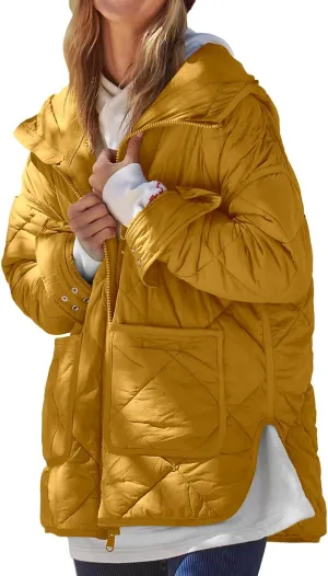 Dyexces Womens Quilted Puffer Jacket Hooded Long Sleeve Zip Up Winter Coat Lightweight Warm Jackets with Pockets