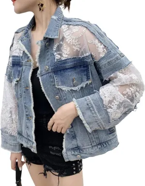 ebossy Women's See Through Floral Embroidery Lace Crop Denim Jacket Ripped Distressed Jean Jacket