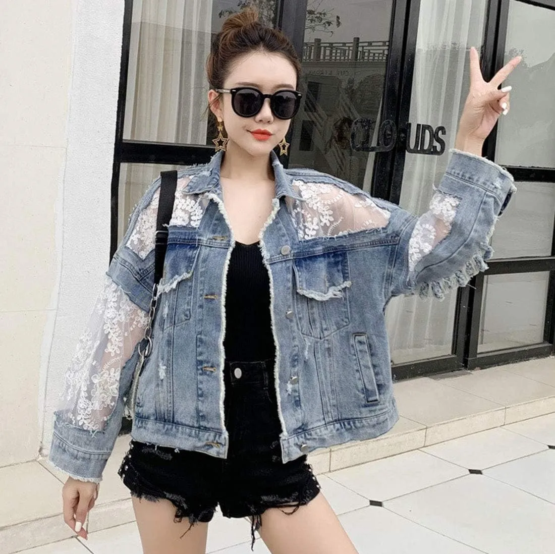 ebossy Women's See Through Floral Embroidery Lace Crop Denim Jacket Ripped Distressed Jean Jacket