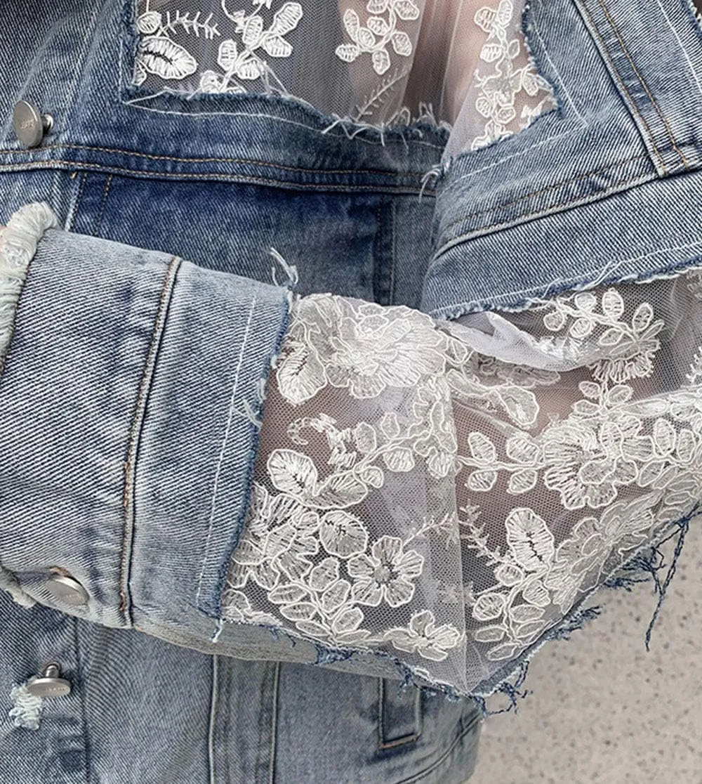 ebossy Women's See Through Floral Embroidery Lace Crop Denim Jacket Ripped Distressed Jean Jacket