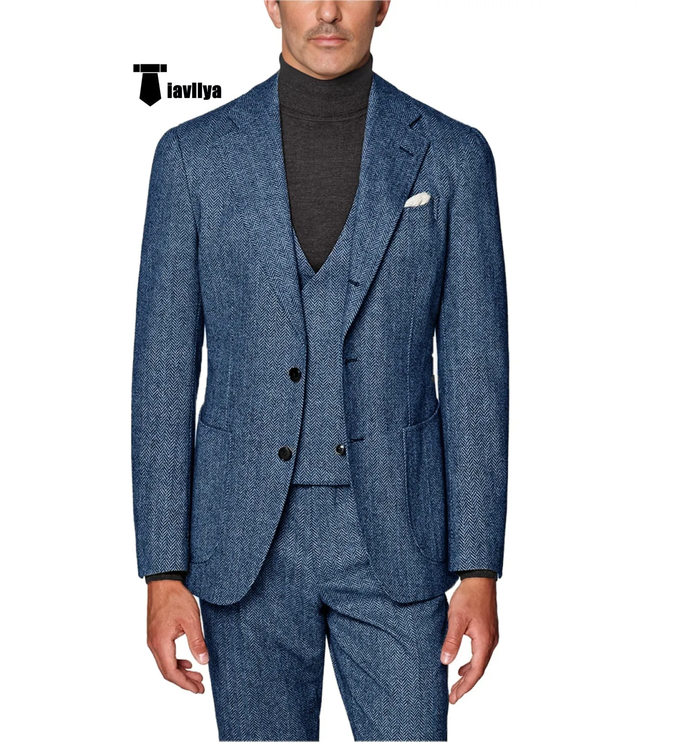 Formal Men's 3 Piece Suit Herringbone Tweed Notch Lapel Tuxedos (Blazer vest Pants)