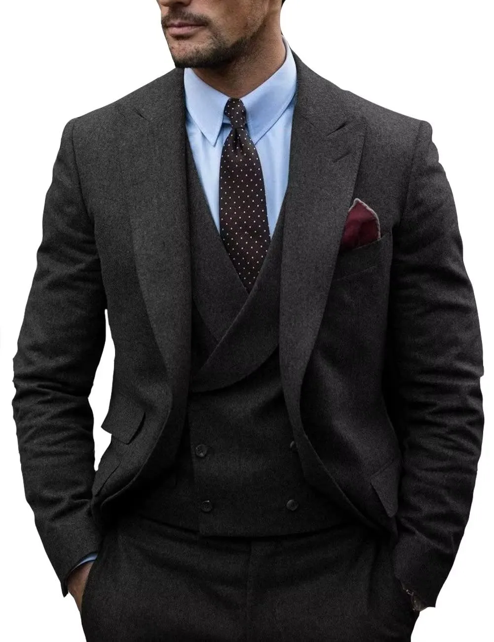 Formal Men's 3 Piece Suit Tweed Peak Lapel Tuxedos (Blazer vest Pants)