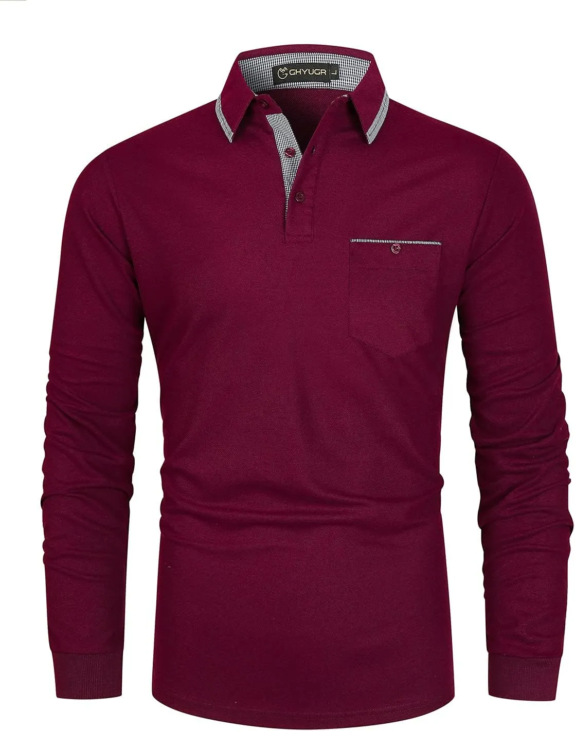 GHYUGR Men's Classic Plaid Splicing Long Sleeve Golf Polo Real Pocket Business Casual T-Shirt