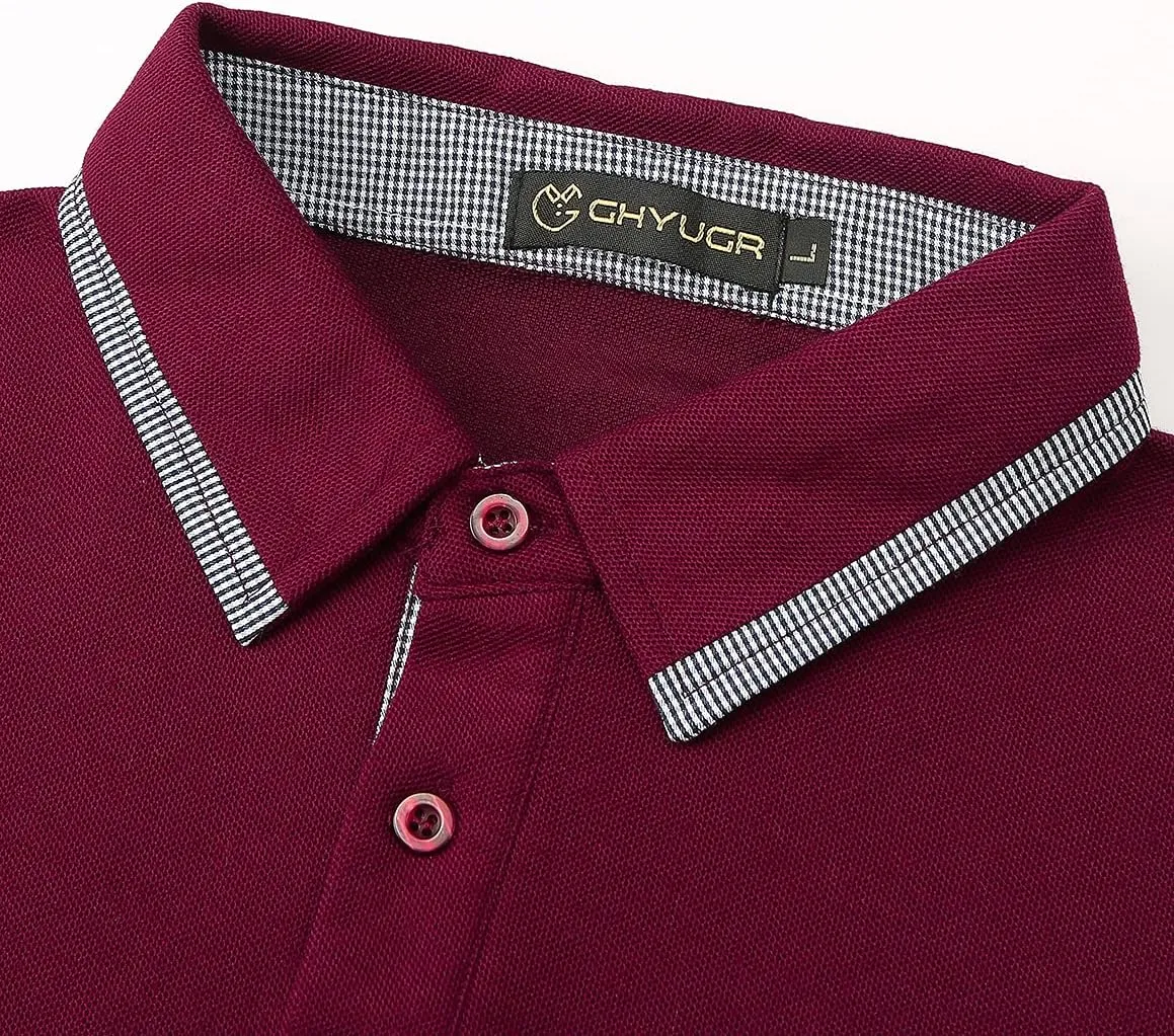 GHYUGR Men's Classic Plaid Splicing Long Sleeve Golf Polo Real Pocket Business Casual T-Shirt