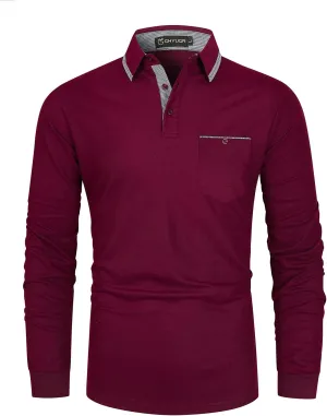 GHYUGR Men's Classic Plaid Splicing Long Sleeve Golf Polo Real Pocket Business Casual T-Shirt