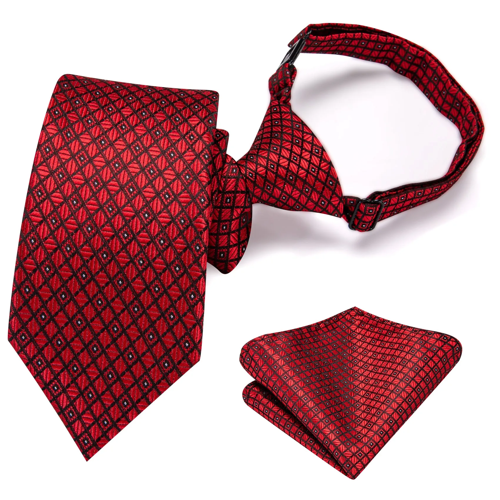 Hi-Tie Black Red Plaid Boys Pre-tied Adjustable Silk Tie Pocket Square