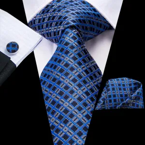 Hi-Tie Blue Grey Black Plaid Silk Necktie Pocket Square Cufflinks Set