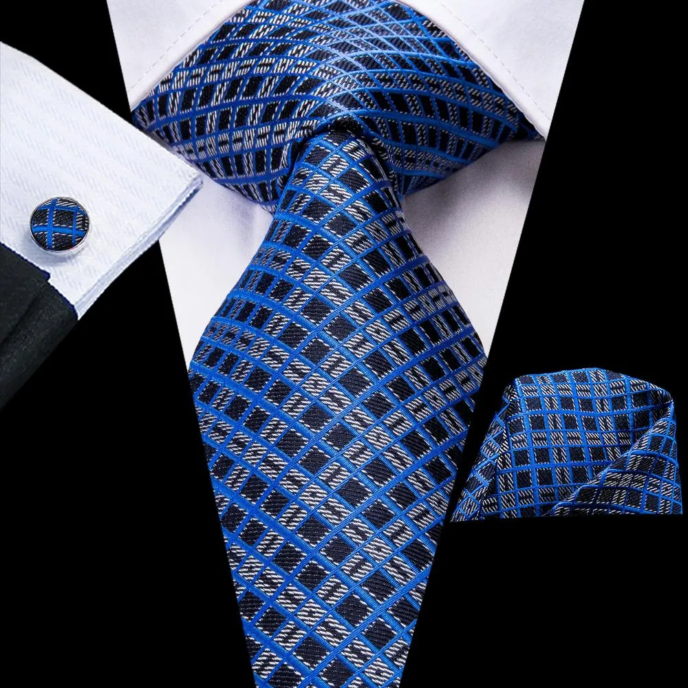 Hi-Tie Blue Grey Black Plaid Silk Necktie Pocket Square Cufflinks Set