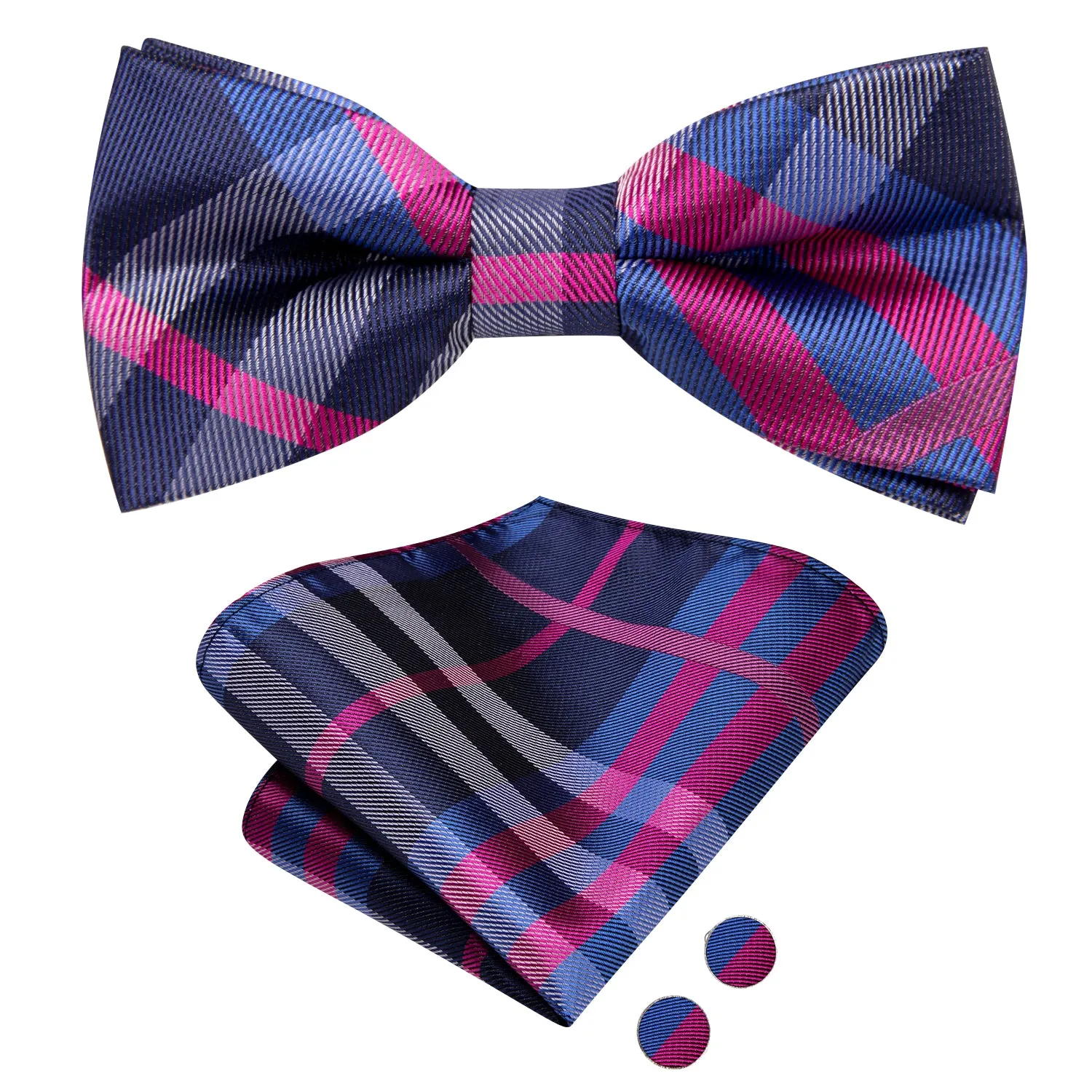 Hi-Tie Blue Pink Plaid Children's Kids Bow Tie Hanky Cufflinks Set
