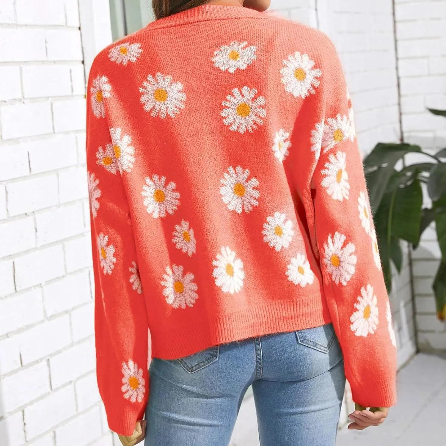 Hyipels Women's Long Sleeve Cardigan Sweater,Cute Y2K Top Knit Colorful Patterned V Neck Button Outwear S~XL
