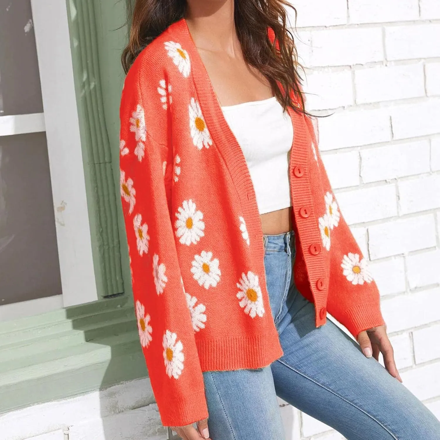 Hyipels Women's Long Sleeve Cardigan Sweater,Cute Y2K Top Knit Colorful Patterned V Neck Button Outwear S~XL