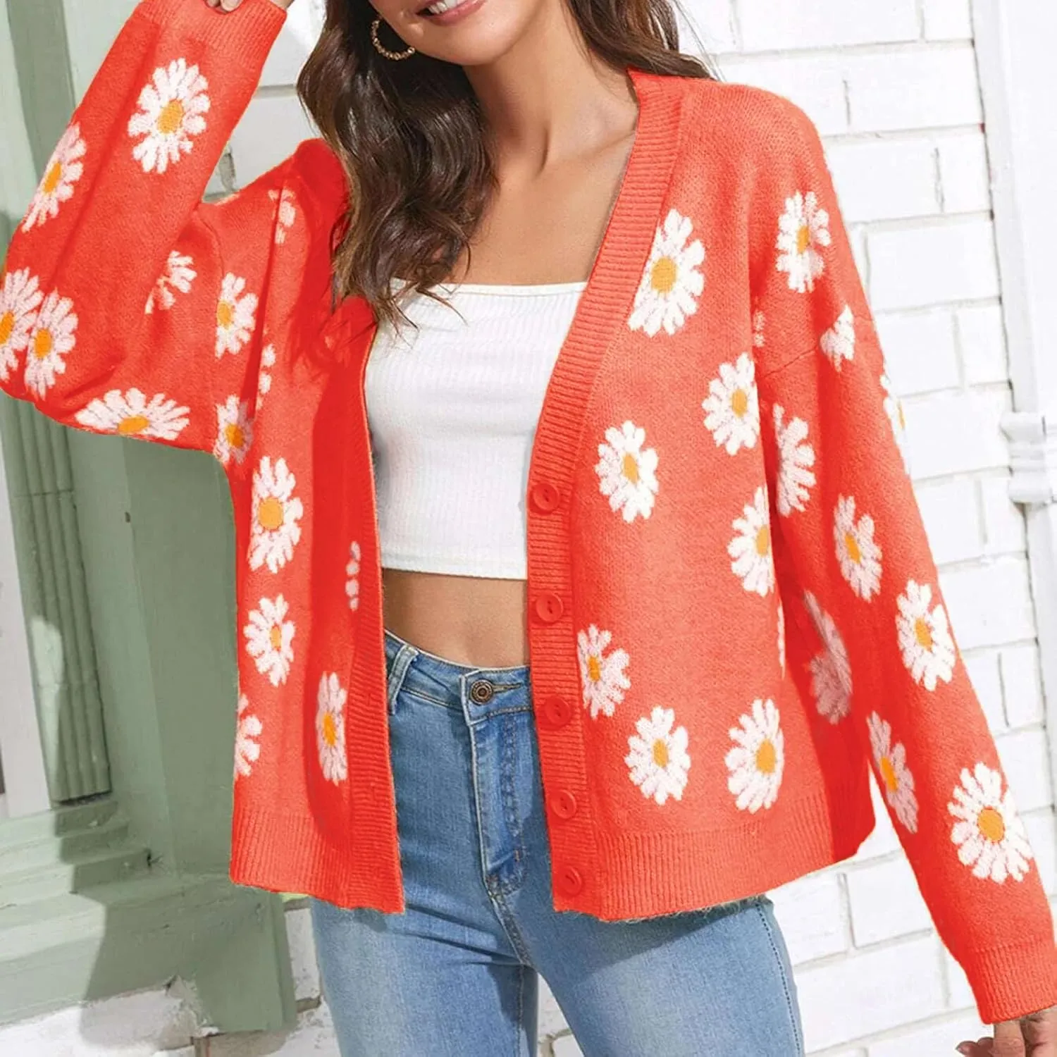 Hyipels Women's Long Sleeve Cardigan Sweater,Cute Y2K Top Knit Colorful Patterned V Neck Button Outwear S~XL