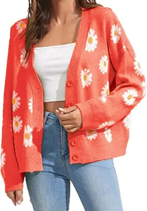Hyipels Women's Long Sleeve Cardigan Sweater,Cute Y2K Top Knit Colorful Patterned V Neck Button Outwear S~XL