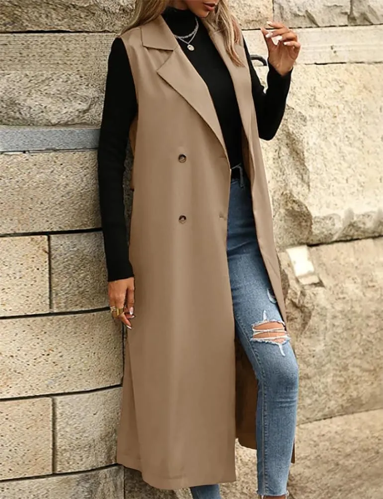 IDEALSANXUN Womens Long Vest Casual Double Breasted Sleeveless Trench Coat Jackets