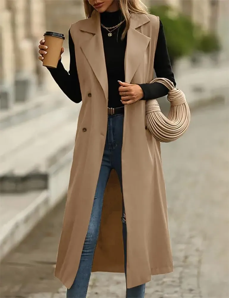 IDEALSANXUN Womens Long Vest Casual Double Breasted Sleeveless Trench Coat Jackets