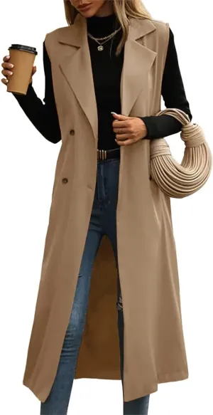 IDEALSANXUN Womens Long Vest Casual Double Breasted Sleeveless Trench Coat Jackets