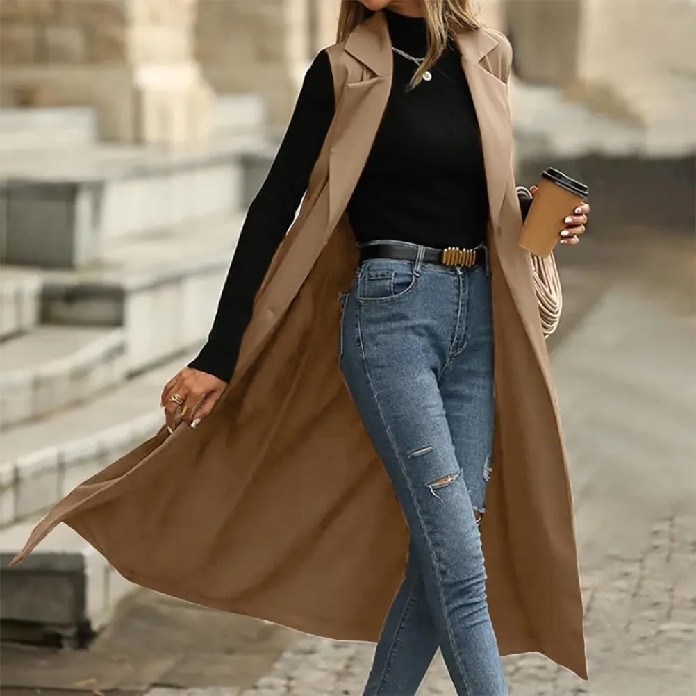 IDEALSANXUN Womens Long Vest Casual Double Breasted Sleeveless Trench Coat Jackets