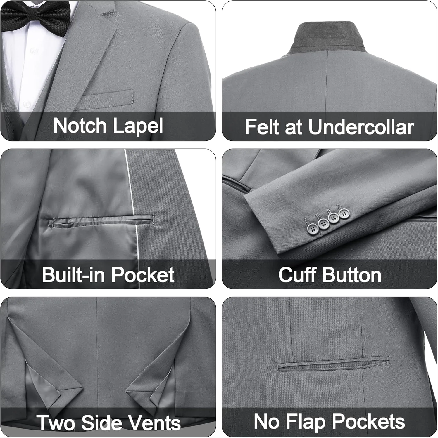 MAGE MALE Men's 3 Pieces Solid One Button Suit Elegant Slim Fit Single Breasted Party Tuxedo Blazer Vest Pants Set