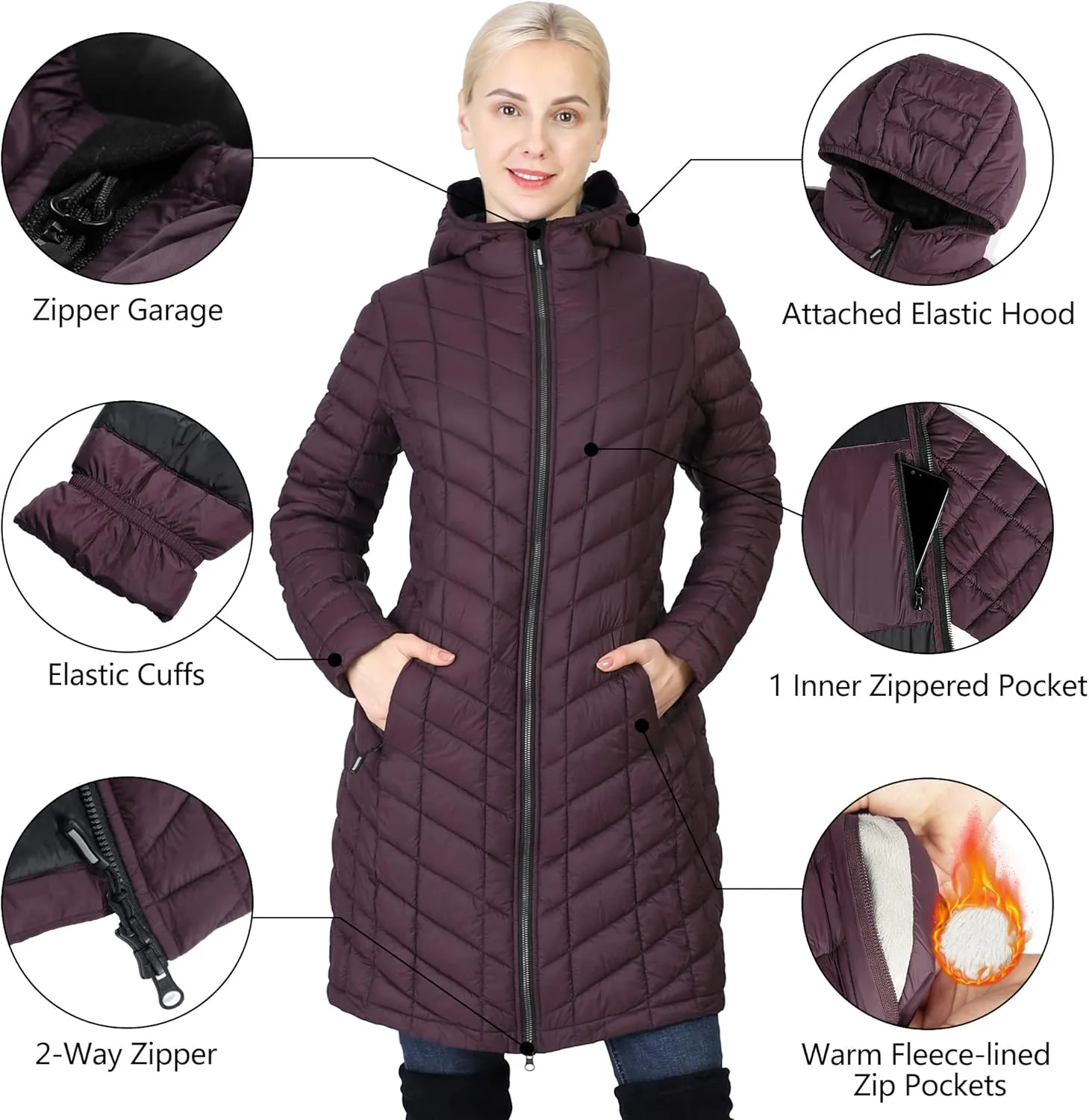 Outdoor Ventures Women's Maryan Hooded Ultra Lightweight Warm Thermolite Long Puffer Coat