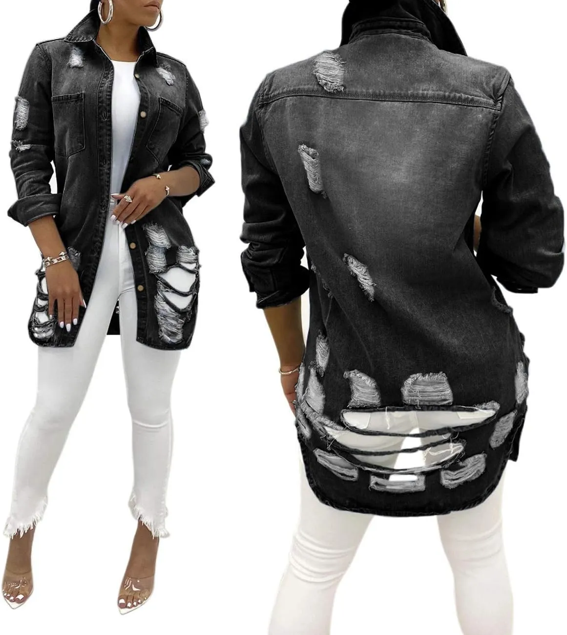 SeNight Women's Jean Jacket Long Sleeve Classic Distressed Fray Hem Tassels Denim Trucker Jackets