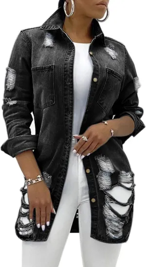 SeNight Women's Jean Jacket Long Sleeve Classic Distressed Fray Hem Tassels Denim Trucker Jackets