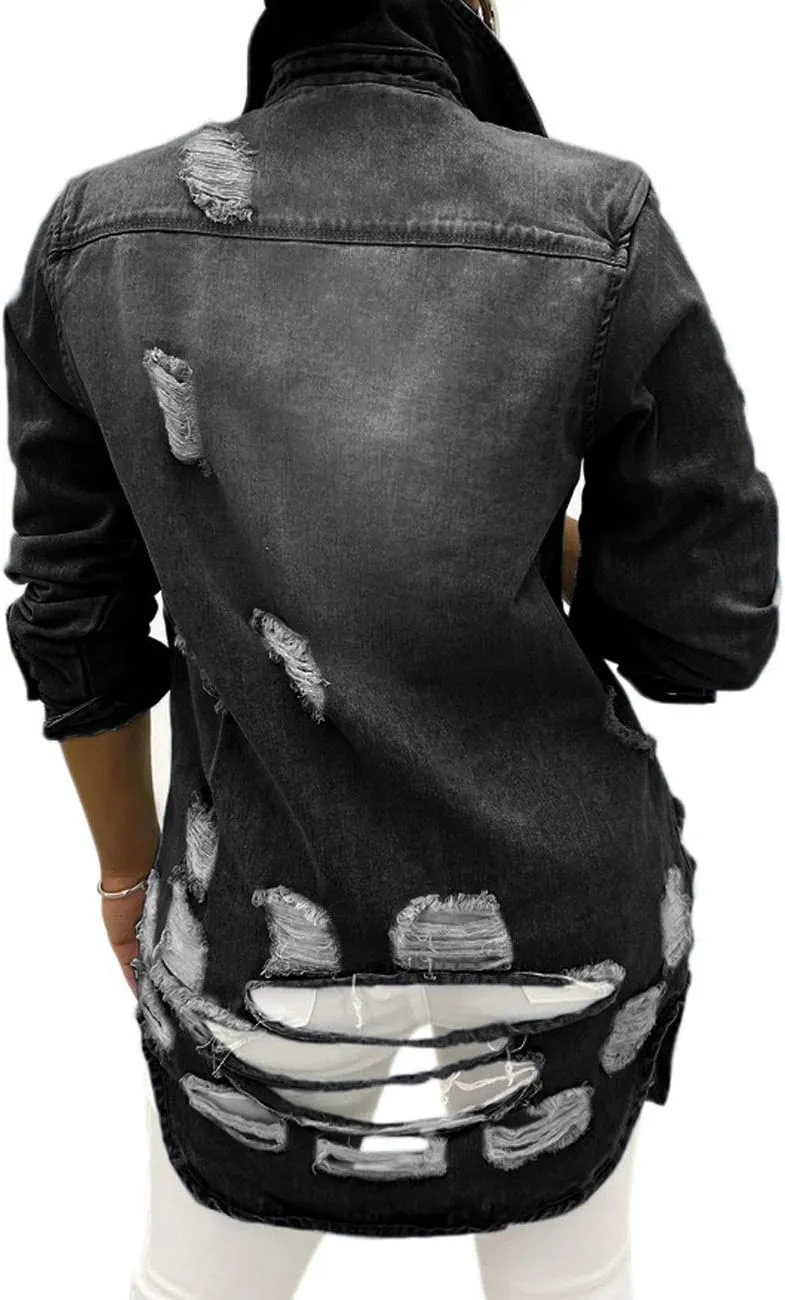 SeNight Women's Jean Jacket Long Sleeve Classic Distressed Fray Hem Tassels Denim Trucker Jackets