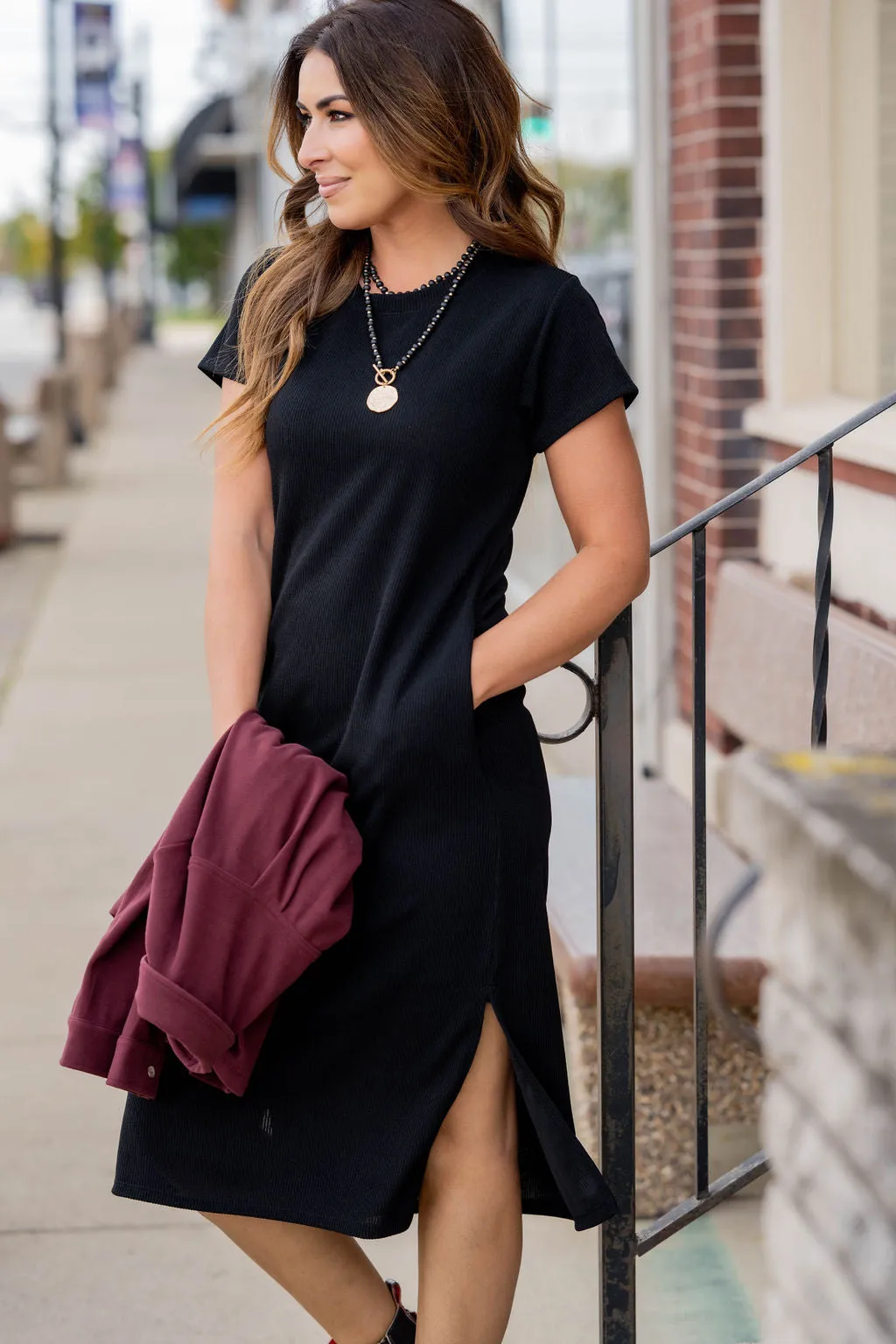 Side Slit Short Sleeve Midi Dress