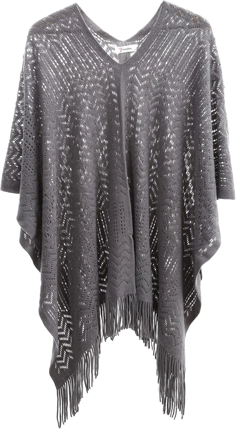 Soul Young Knitted Poncho Sweater for Women Ladies Pullover Wraps Cozy Topper shawl Cape