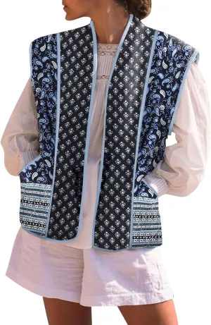 Tankaneo Womens Floral Quilted Puffer Vest Oversized Open Front Cap Sleeve Jacket Sleeveless Patchwork Outerwear