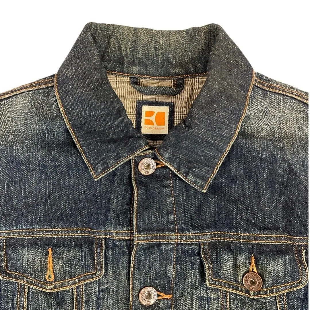Vintage 90s 00s Blue Hugo Boss Orange Contrast Stitch Denim Jacket S M
