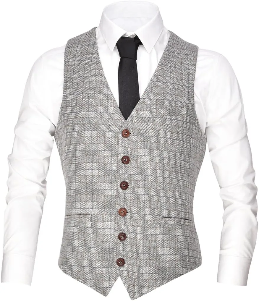 VOBOOM Men's V-Neck Suit Vest Casual Slim Fit Dress 6 Button Waistcoat