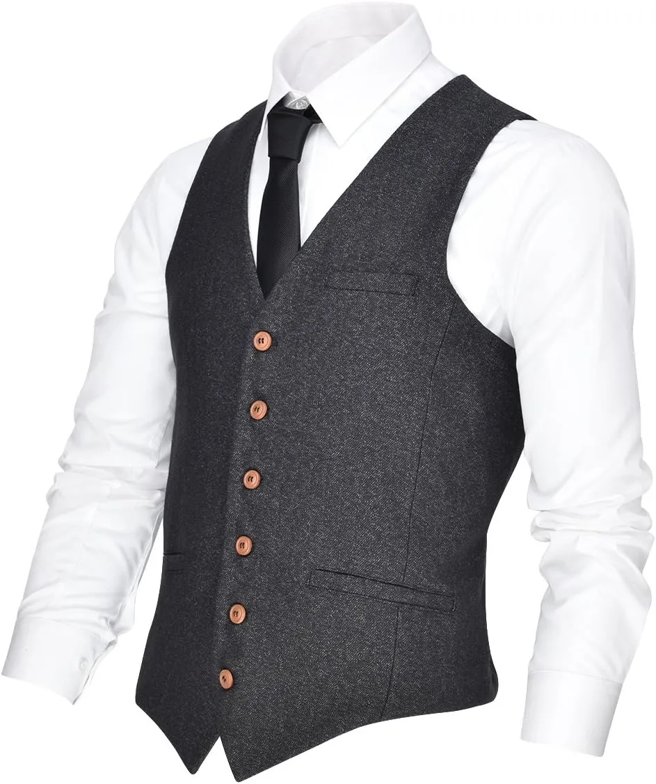 VOBOOM Men's V-Neck Suit Vest Casual Slim Fit Dress 6 Button Waistcoat