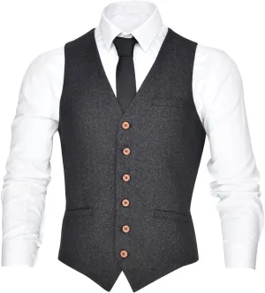 VOBOOM Men's V-Neck Suit Vest Casual Slim Fit Dress 6 Button Waistcoat