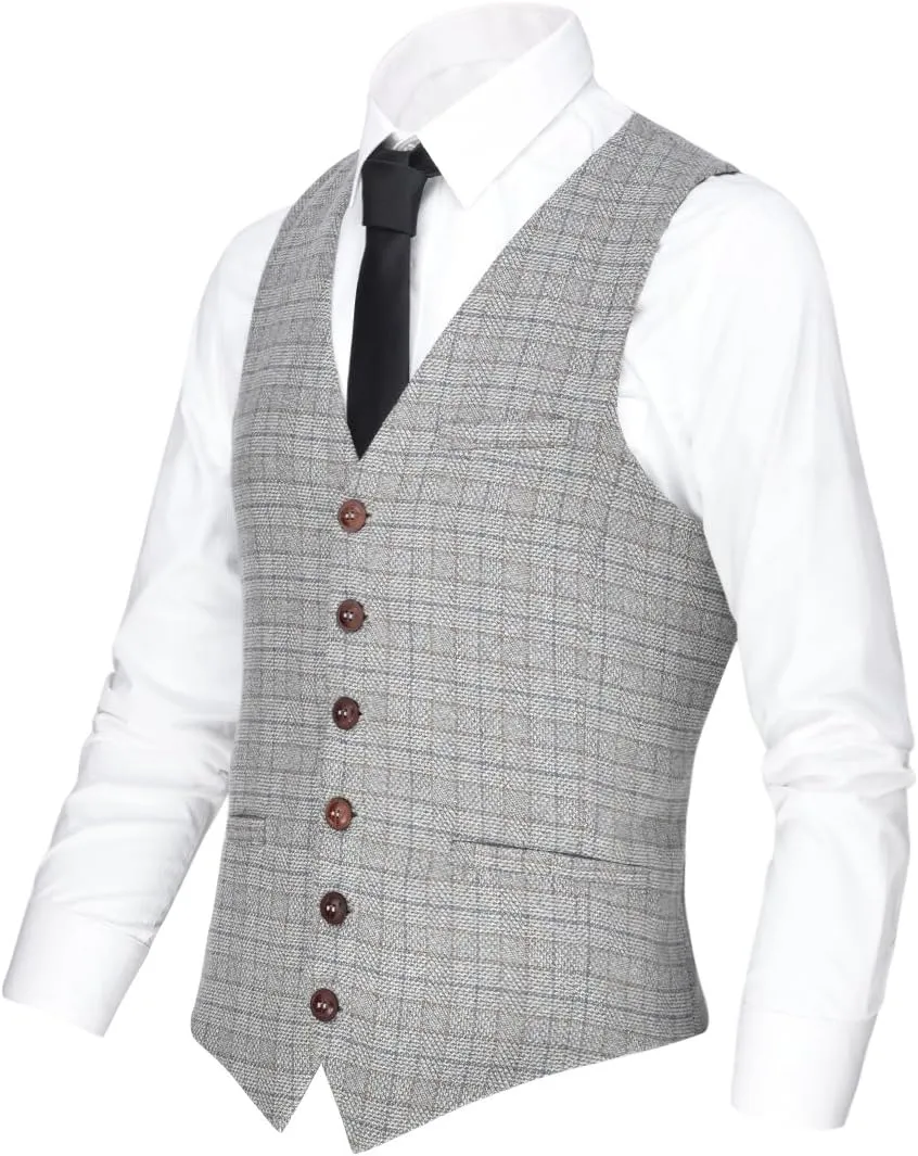 VOBOOM Men's V-Neck Suit Vest Casual Slim Fit Dress 6 Button Waistcoat