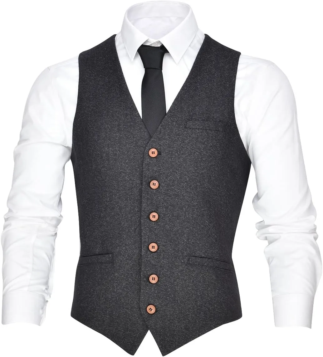 VOBOOM Men's V-Neck Suit Vest Casual Slim Fit Dress 6 Button Waistcoat