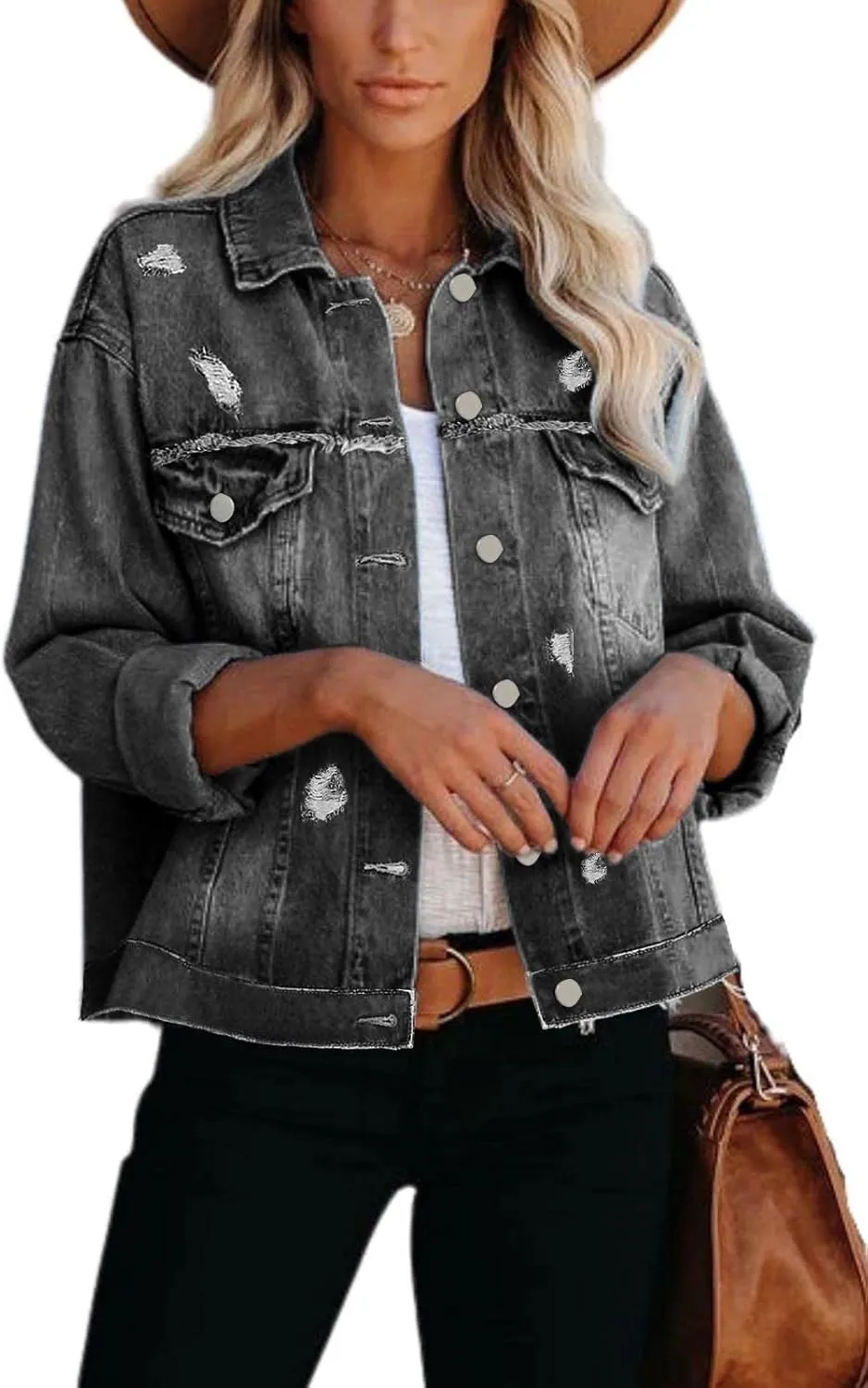 Womens Long Sleeve Washed Button Down Basic Denim Jacket With Pockets